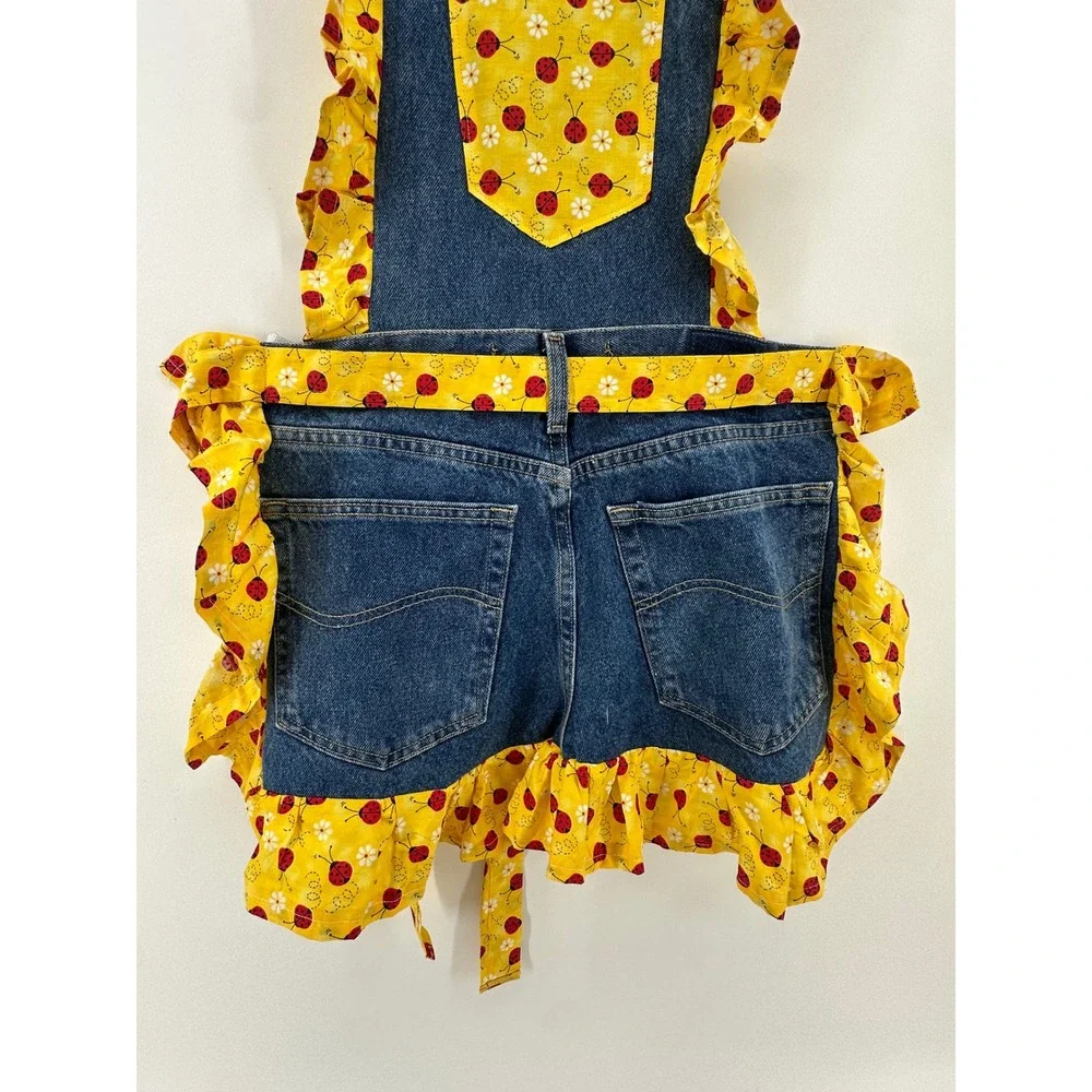 Handmade Denim Kitchen Apron Ladybug Ruffle Lee Jeans Repurposed Cottagecore